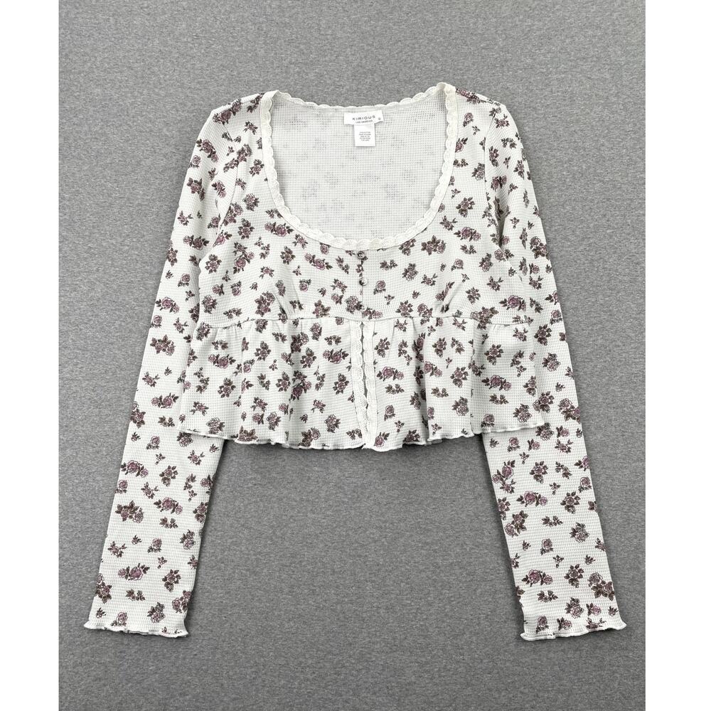 Kirious Babydoll Top XL White Floral Waffle Knit Long Sleeve Cropped Coquette